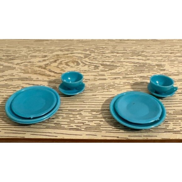 Vtg Miniature Marx Little Hostess Blue Plastic Teacups Plates Dollhouse Dish Set - Picture 2 of 13